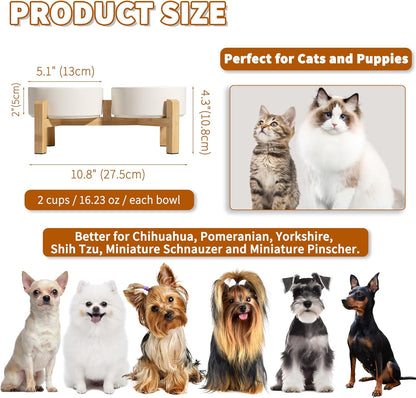 Elevated Ceramic Dog Bowl Set - Raised Dog Bowls with Non-Slip Bamboo Stand - Dog Food and Water Bowl Set - Double Dog Feeding Bowls - Suitable for Small and Medium Dogs - 28.74 OZ - 3.6 CUPS - 850 ML