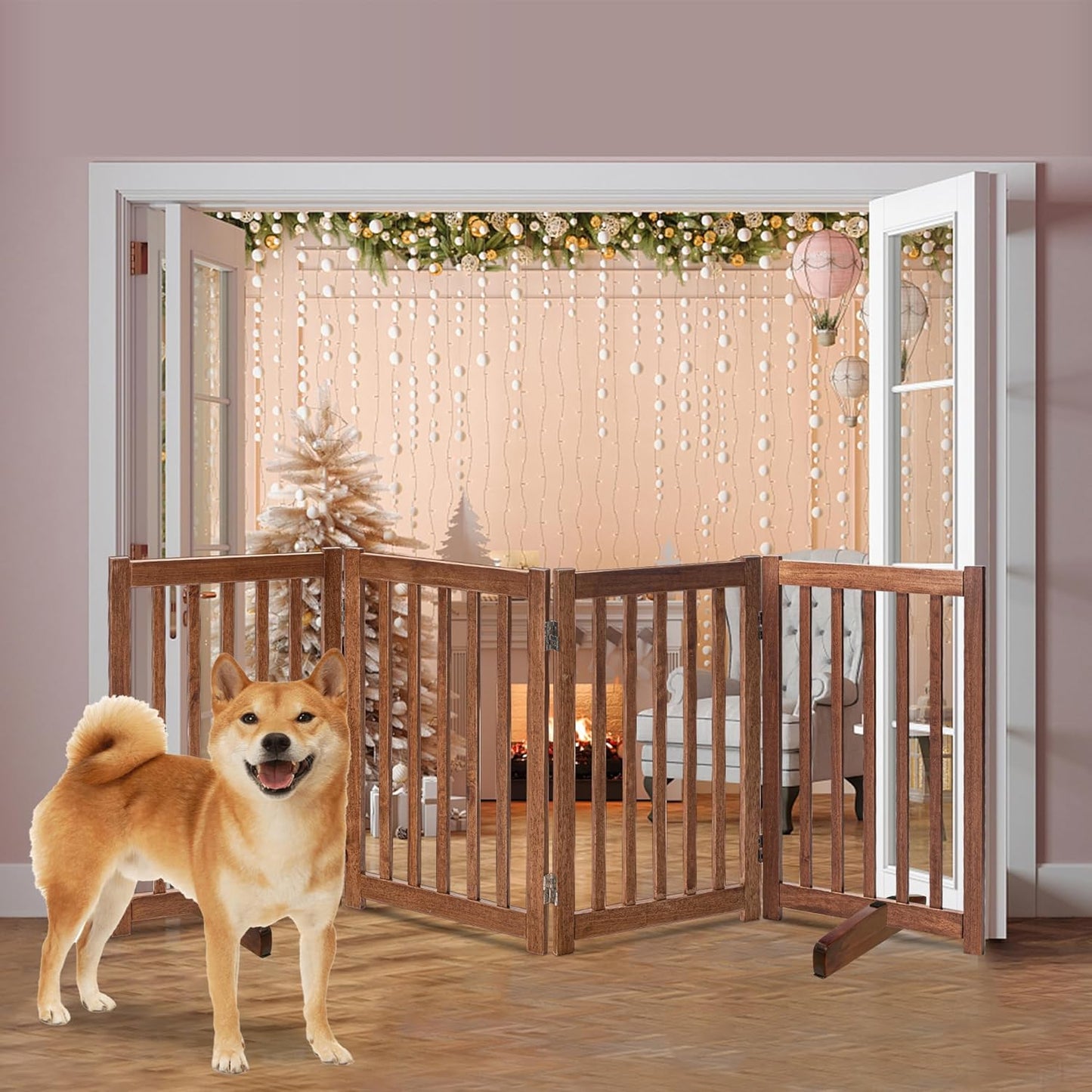 LZRS 2-Panel Wooden Free Standing Foldable Dog Gate Indoor – Solid Hardwood 24" High, Step-Over Safety Pet Gate for Doorways, Stairs & Small Spaces - Indoor Use, White