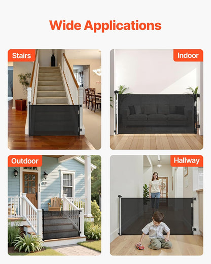 VEVOR Retractable Baby Gate, Extends to 202.7 inch Extra Wide, 39 inch Tall, with Reinforced Fiberglass Strips, Avoids Crawling Through, Mesh Dog Gate for Decks, Doorways, Garages, Indoor, Black
