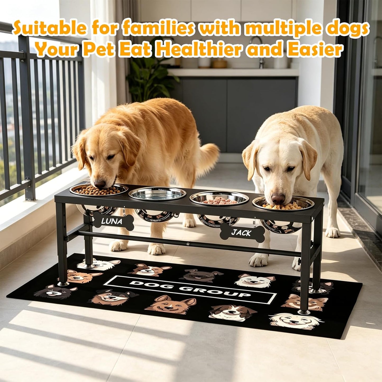 ADENGL Metal Raised Dog Bowl, 10" Tall Elevate Dog Feeder Stand with 2 Stainless Steel 42oz Bowls & 16x24 Non-Slip Mat – Stronger Dogs Food & Water Bowl Stand (Black)