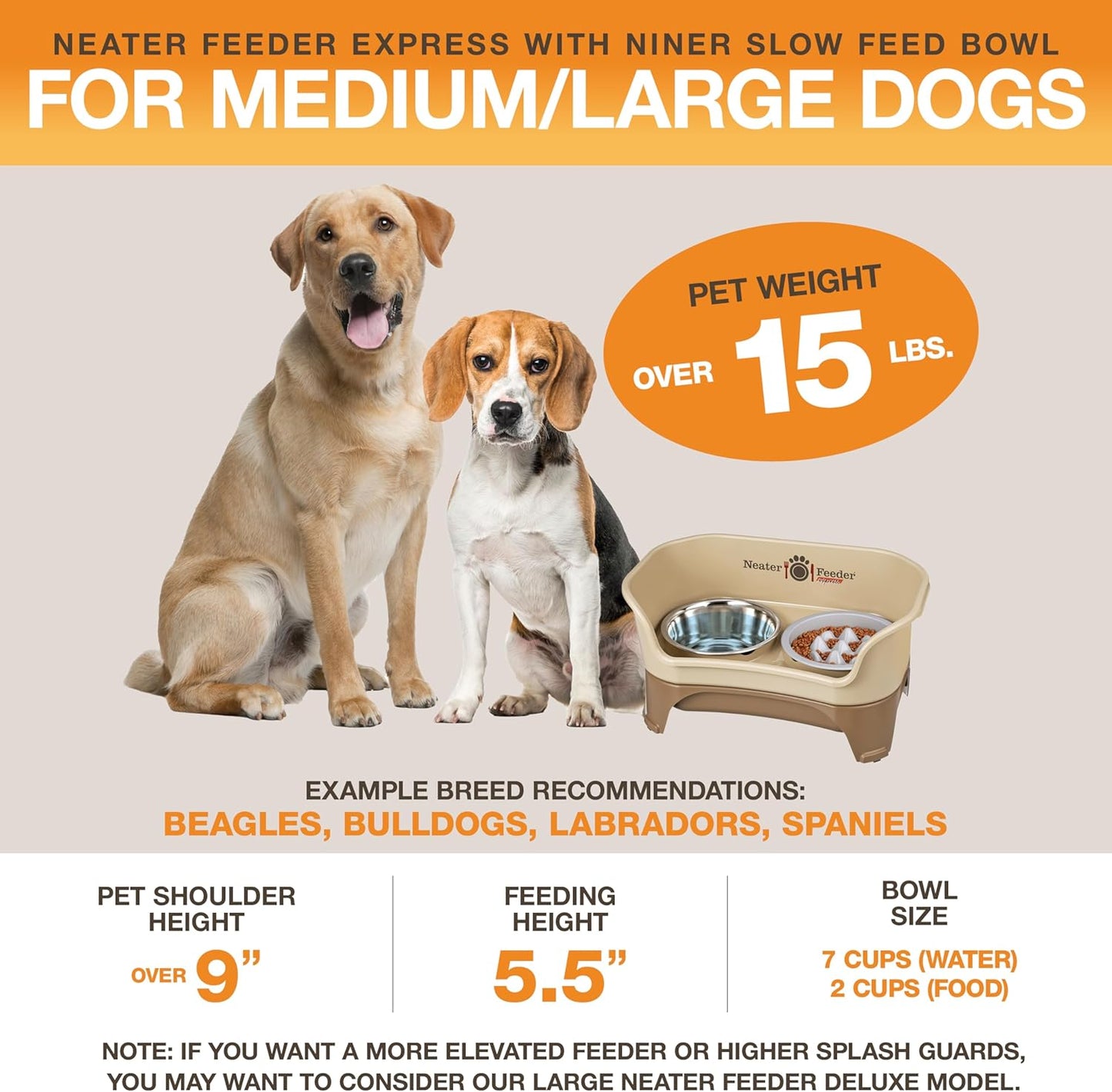 Neater Feeder Express Mess Proof Dog Bowls Elevated for Small Breeds under 15 Lb, Made in USA, No Spill Raised Dog Food Bowl Stand, Stainless Steel Food and Water Bowl Set, Feeding Station, Cappuccino