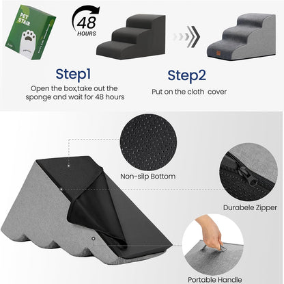 GoGoBunny Ramp Dog Stairs for Couch Sofa and Chair 15.7" H, 3-Step Pet Steps for Small Dogs and Cats, Non-Slip Waterproof Fabric Cover, Stable and Balanced Indoor Step, Pets Friendly, Grey