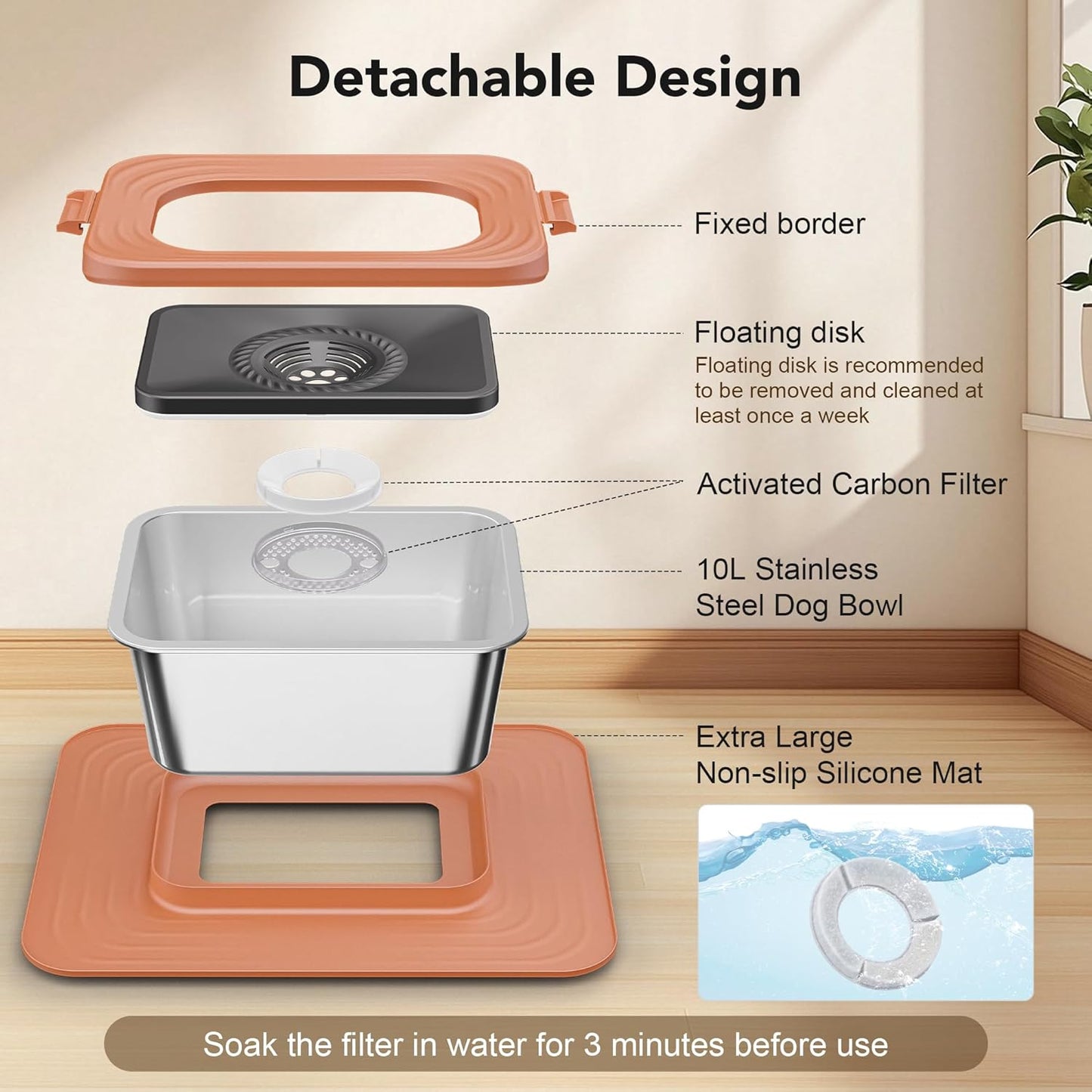 Decflow 10L Stainless Steel Dog Water Bowl, No Spill Anti-Splash Dog Bowls with XXL Silicone Mat, Spill-Proof Slow Feeder for Messy Drinkers, Heavy Duty Pet Bowls for Indoor/Outdoor Use Grey