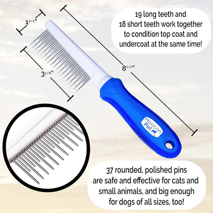 Detangling Dog Comb with Long & Short Stainless Steel Metal Teeth - Dogs, Cats & Small Animals for Removing Matted Fur, Knots & Tangles