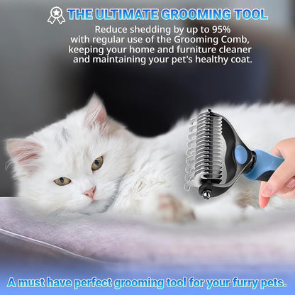 2026 New Double-Sided Deshedding Dematting Tool, Undercoat Rake for Dogs & Cats, Extra-Wide Dog Grooming Brush & Deshedder Comb for Long Hair (Blue)