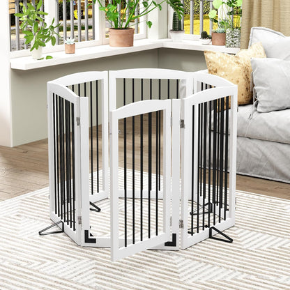 PUPETPO Freestanding Dog Gate with Door, Pet Gate for Stairs, 80 inch Wide Pet Barrier Indoor, Dog Fences Indoor, Support Feet Included, 4 Panels, 24" Tall, Dark Brown