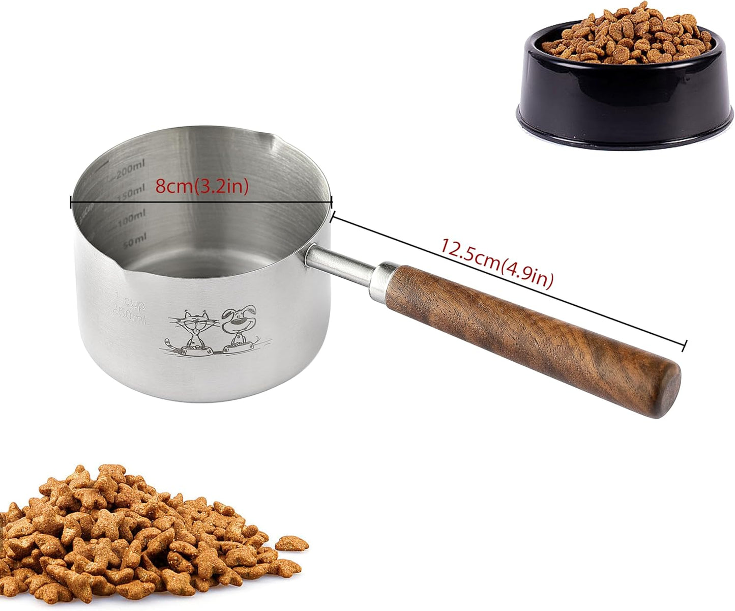 Dog Cat Food Scoop Measuring Cup, LCCOWOT Stainless Steel 1 Cup Measuring Cup, Precision Scale Measurements