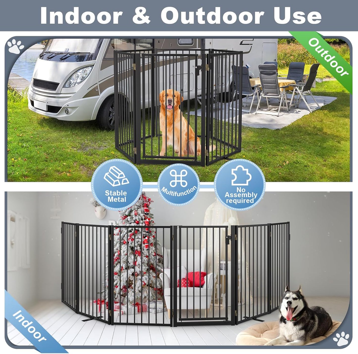 Metal Freestanding Dog Gates with Door for Outdoor Indoor,80'' Extra Wide 32'' Tall Free Standing Dog Gate for Doorways,Large Openings,Deck,Yard,Foldable Safety Pet Fence(Black,4 Panels)