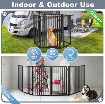Metal Freestanding Dog Gates with Door for Outdoor Indoor,80'' Extra Wide 32'' Tall Free Standing Dog Gate for Doorways,Large Openings,Deck,Yard,Foldable Safety Pet Fence(Black,4 Panels)