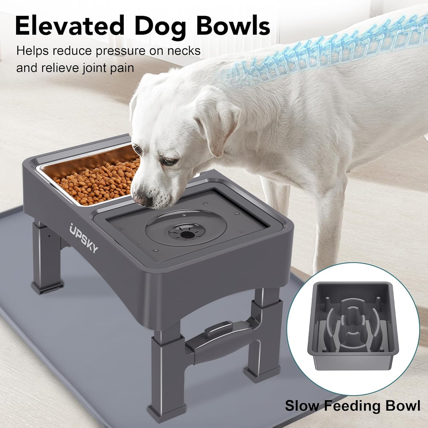 UPSKY 2-in-1 Elevated Dog Bowls Slow Feeder, 4 Height Adjustable Raised Bowl Stand, No Spill Dog Water Bowls, Anti-Slip Food and Water Bowls for Small Medium Dogs(Not Include Stainless Steel Bowl)