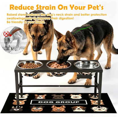 ADENGL Metal Raised Dog Bowl, 10" Tall Elevate Dog Feeder Stand with 2 Stainless Steel 42oz Bowls & 16x24 Non-Slip Mat – Stronger Dogs Food & Water Bowl Stand (Black)