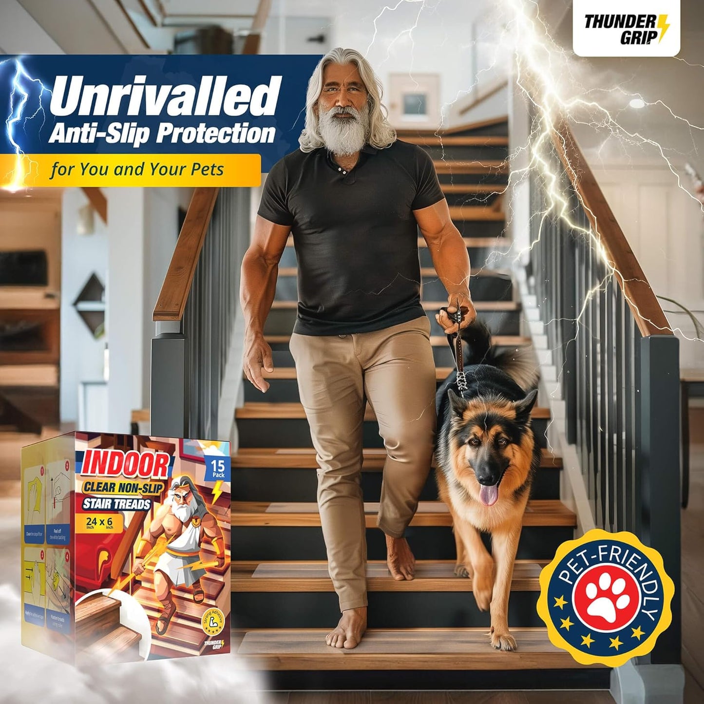Clear Stair Treads Non-Slip 24"x4" - 18-Pack Indoor Stair Grips Non Slip for Wooden Steps - Anti Slip Adhesive Strips for Dogs & Elderly - Staircase Step Treads - Transparent Treads for Wood Stairs