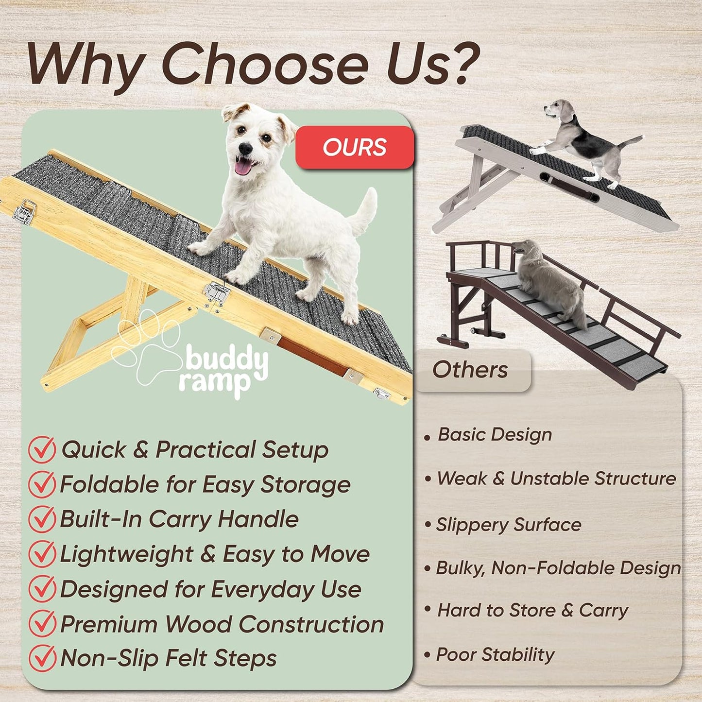 Dog Ramp for Bed – BuddyRamp Wooden Adjustable Pet Ramp 32.7” x 15.7” x 19.7”, Non-Slip Carpet Surface, Foldable & Portable, Ideal for Large, Medium and Small Dogs
