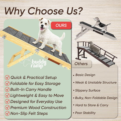 Dog Ramp for Bed – BuddyRamp Wooden Adjustable Pet Ramp 32.7” x 15.7” x 19.7”, Non-Slip Carpet Surface, Foldable & Portable, Ideal for Large, Medium and Small Dogs