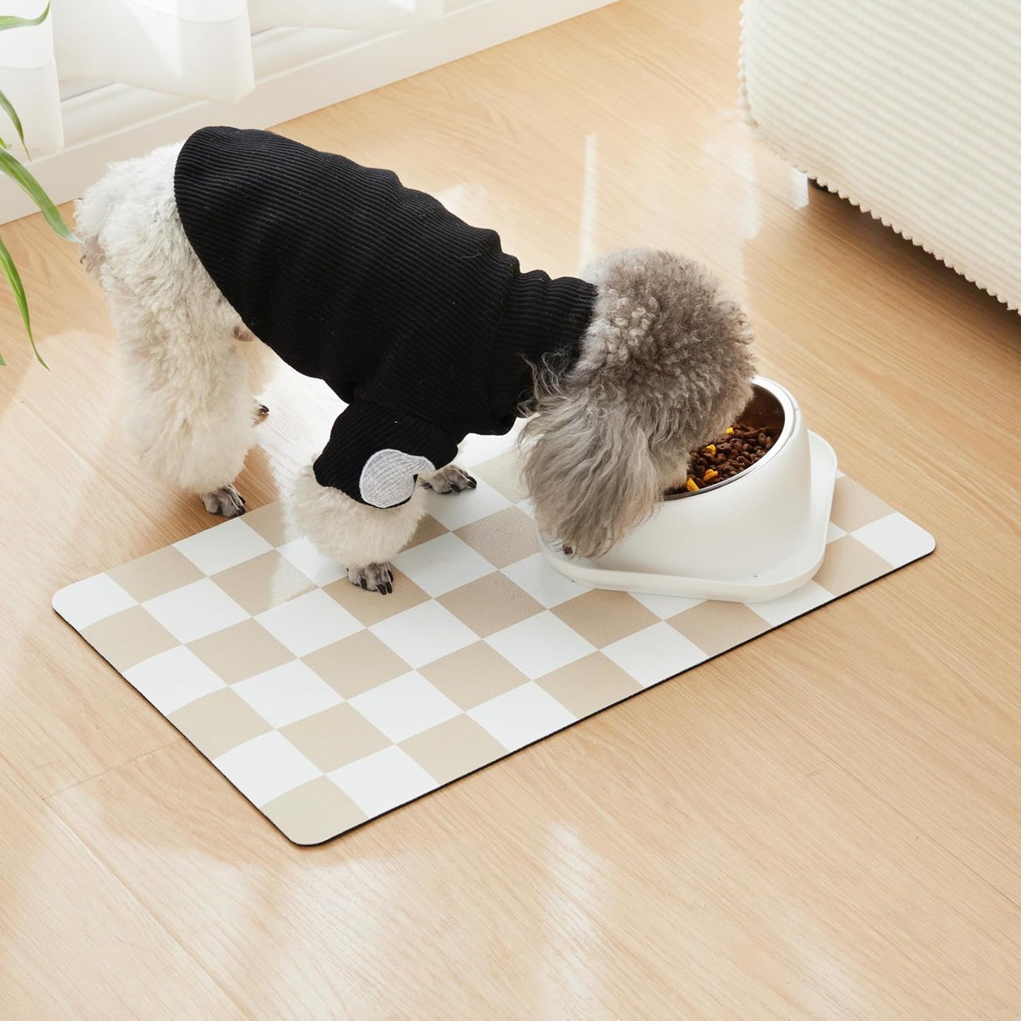 Checkered Dog Feeding Mat, Absorbent Mats for Dog Food and Water Bowl, Dispenser, Retro Aesthetic Khaki Beige Checkerboard Pet Placemat for Dogs, Cats, Puppy Accessories, 12" X 19”