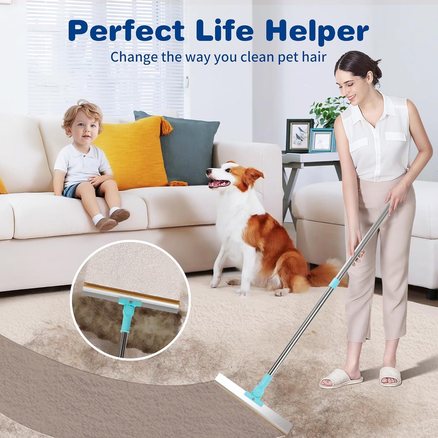 Carpet Rake for Pet Hair Removal - Reusable Pet Hair Remover, 54” Adjustable Long Handle Cat Dog Carpet Rake, Advanced Lint Remover Scraper for Carpets, Rugs, Mats, Couch