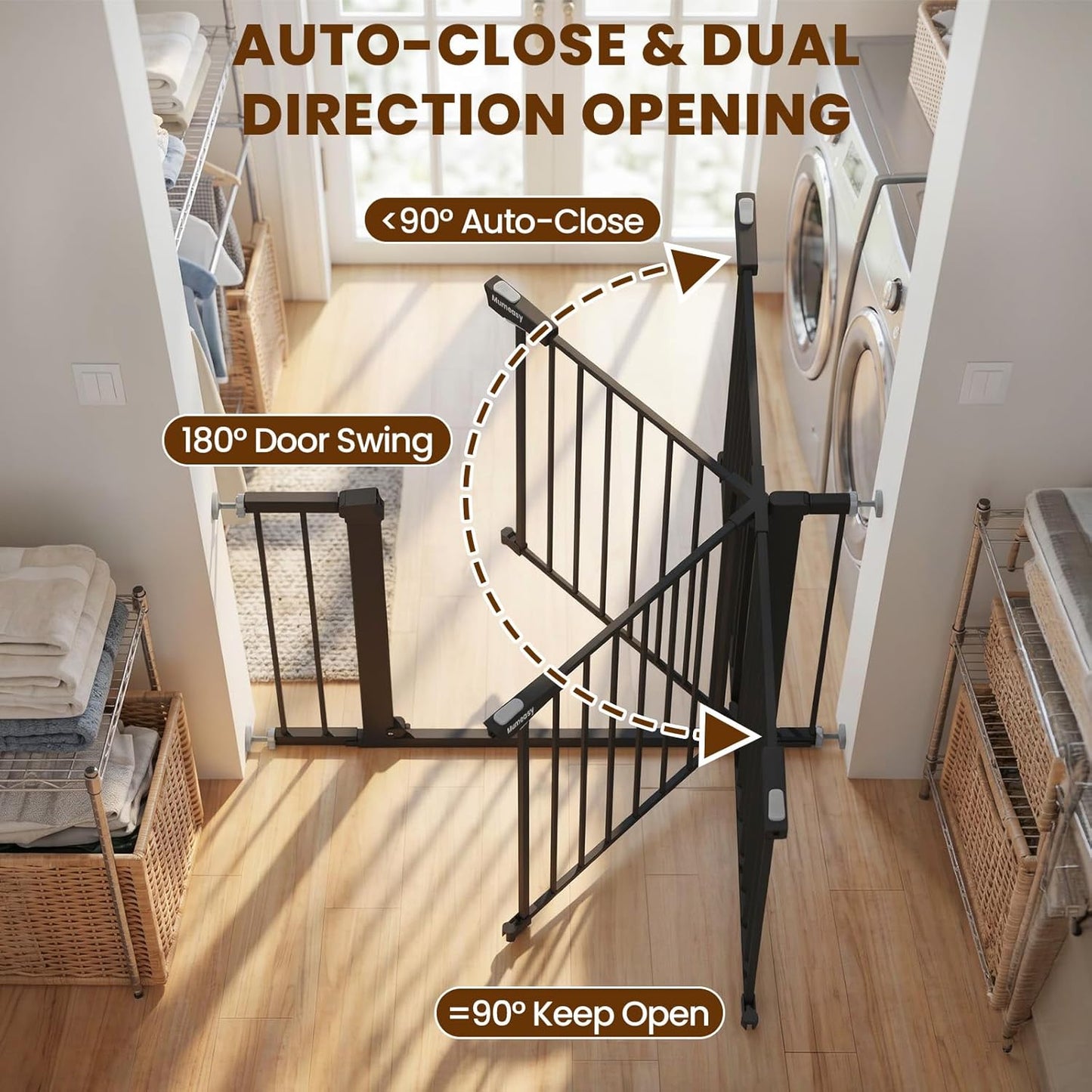 Baby Gate for Stairs, 29.7-40.6" Auto Close Dog Gate Indoor for Doorways, Dual-Lock Design, Adjustable Pet Gate No Drilling with Walk Thru Door for Hallways, Stroller Friendly, Black