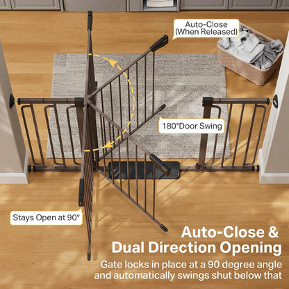 Cumbor 36.6-64" Extra Wide Baby Gate for Stairs, Dog Gates for Doorways, Auto-Close Pet Gate Indoor, Pressure Mounted Walk Through Safety Child Gate for Kids Toddler, Tall Pet Puppy Fence Gate, Brown
