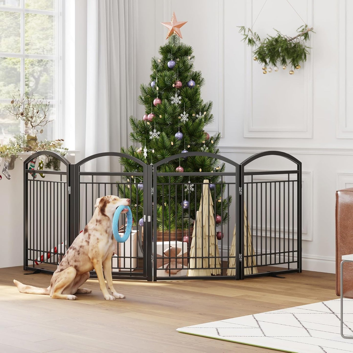 Folding No-Assembly Metal Freestanding Dog Gate with Door Walk Through,32" Height Pet Fence,144" Extra Wide Accordion Puppy Folding Playpen for Doorways,House,Stairs (6 Panels,White)