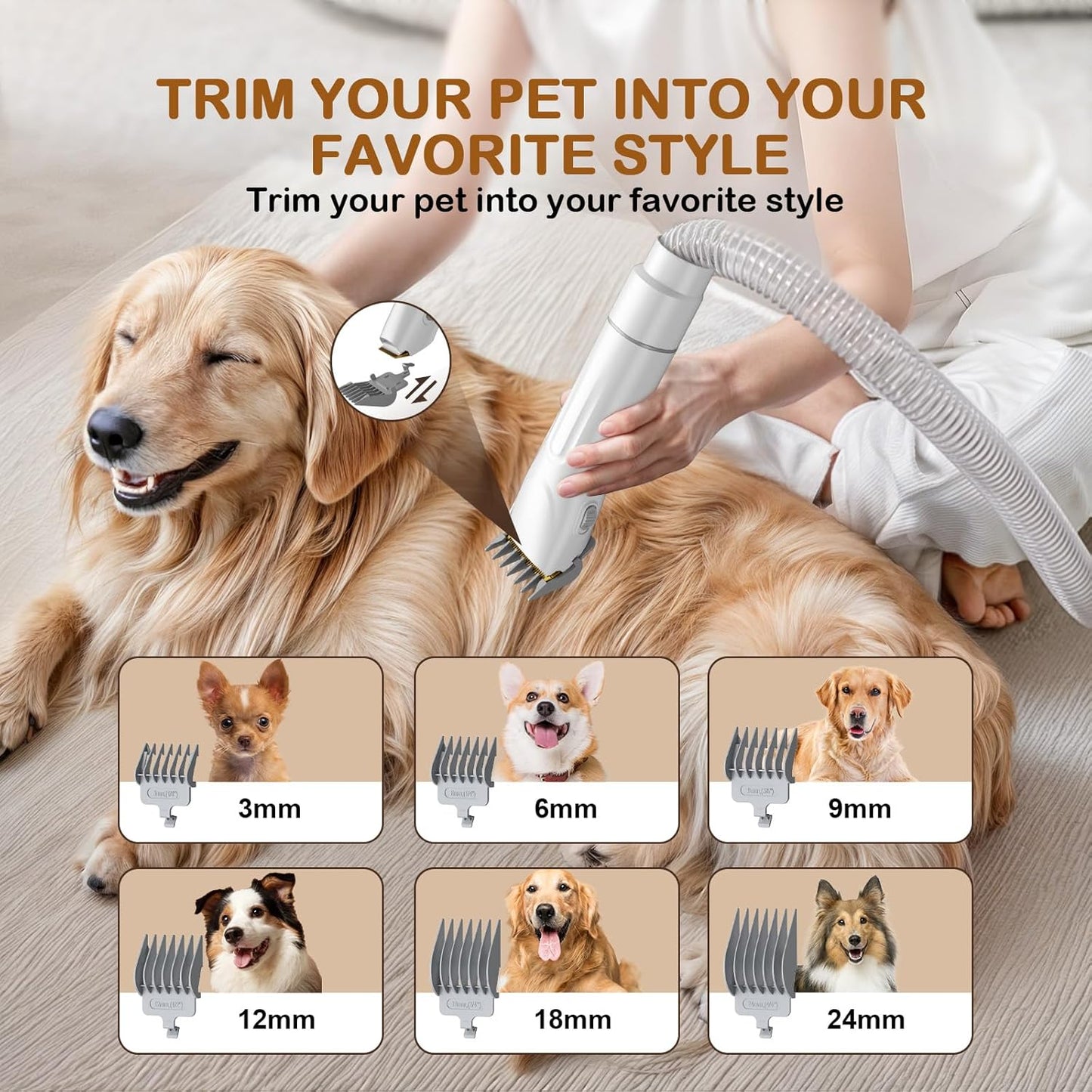Dog Grooming Vacuum, Dog Grooming Kit with Pet Clipper Nail Grinder, 3 Suction Modes Dog Brush Vacuum with 6 Pet Grooming Tools (White)