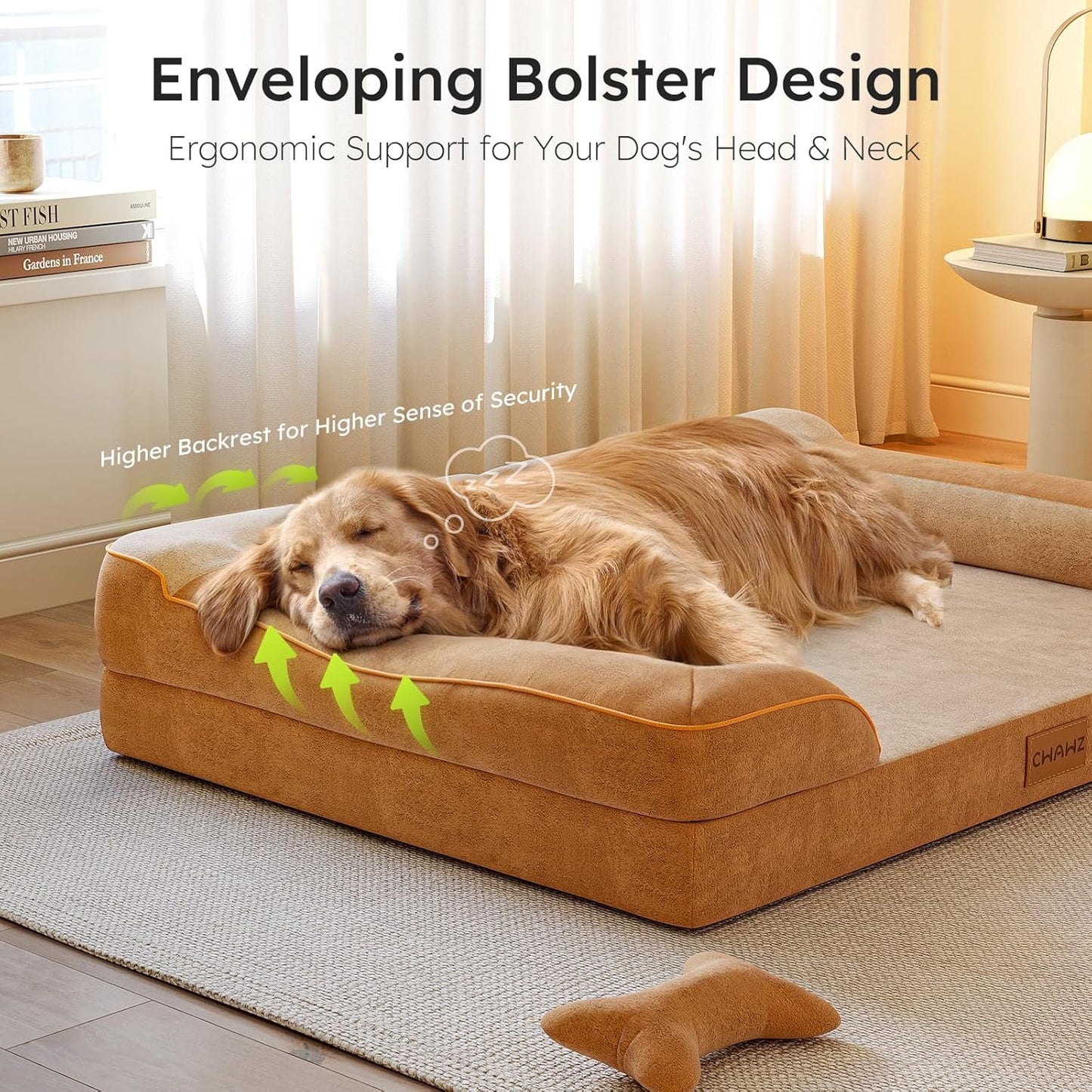 CWAWZ Extra Large Dog Bed, Orthopedic Dog Bed with Cooling Gel Memory Foam, Waterproof XL Pet Bed with Removable Washable Cover, 42" Pet Sofa Couch Dutch Velvet with Bone Toy, Light Gray