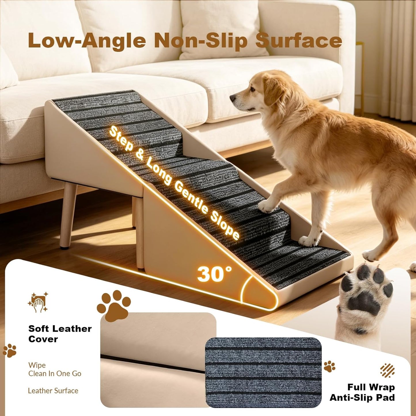 Dog Ramps for Small Dogs, Removable Non-Slip Mat, Foldable Wooden Dog Ramp, Split Ottoman Design for Small Frenchie, Pomeranian, Dachshund, Schnauzer, Chihuahua and so on （Light Brown）