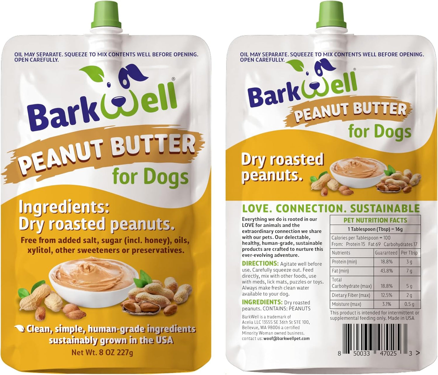 BarkWell Peanut Butter Squeeze - 8oz Pouch All-Natural Dog Peanut Butter, Sourced and Made in The USA Grain Free Dog Treat 100% Natural, Lick mat Topper, Puzzle Toy Fill