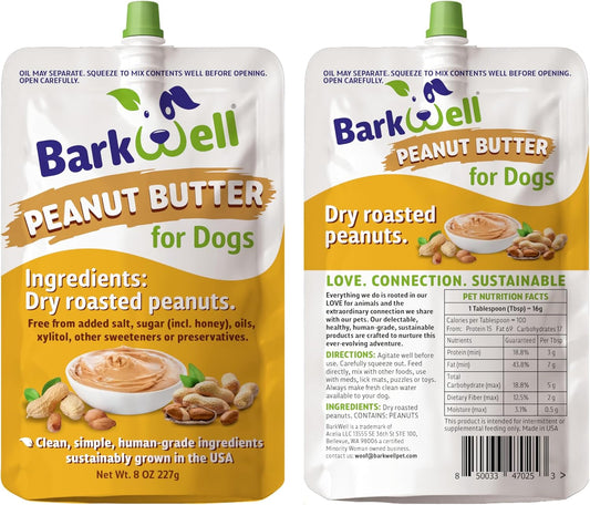 BarkWell Peanut Butter Squeeze - 8oz Pouch All-Natural Dog Peanut Butter, Sourced and Made in The USA Grain Free Dog Treat 100% Natural, Lick mat Topper, Puzzle Toy Fill
