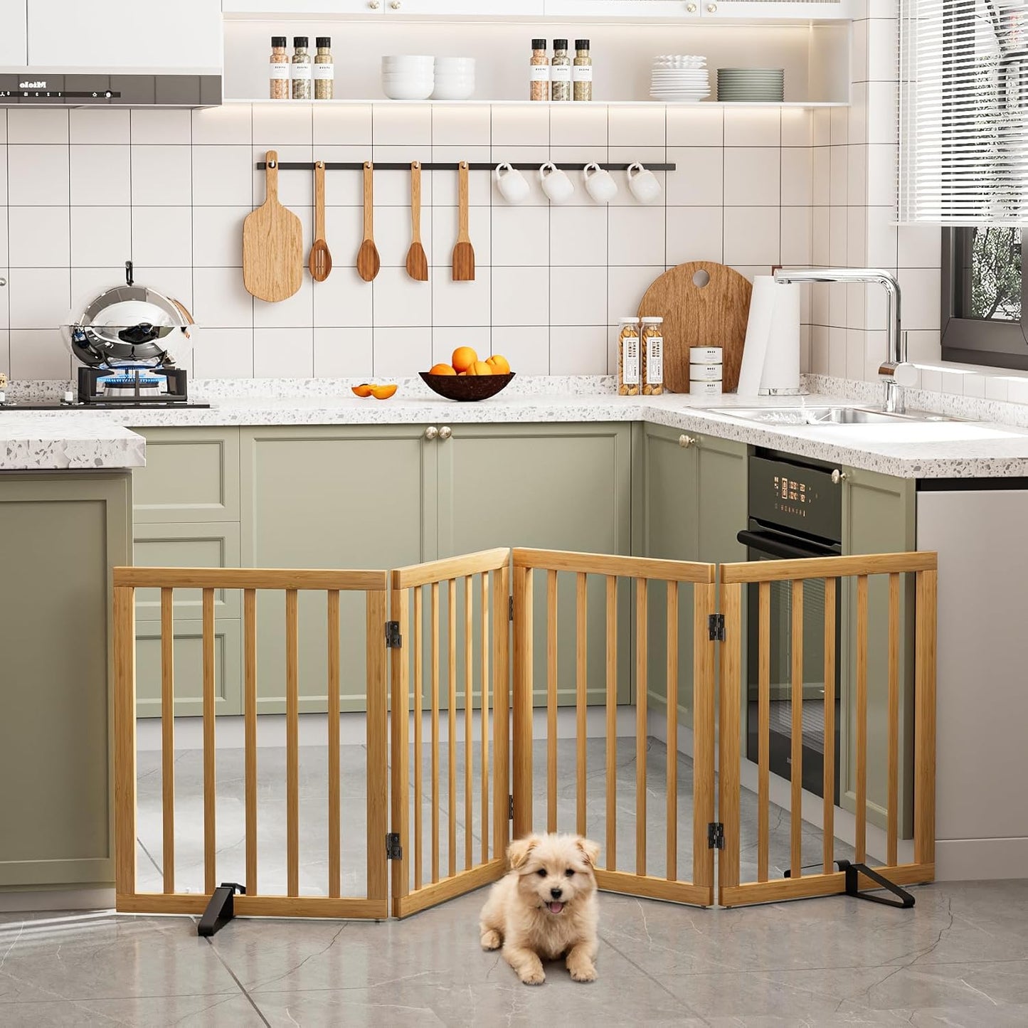 Freestanding Dog Gates Indoor, 3-Panel Pet Gates with 2 Metal Stands and 360° Hinge, 24" H Foldable Dog Gate for Stairs, Doorway, Kitchen, Expands Up to 55" Fully Assembled - Black Walnut