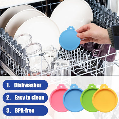 PINE & LINEN 4 Pcs 2.5inch Durable Pet Can Lids, Silicone Small Pet Can Covers Waterproof Cat Food Cans Lids for 3 oz Cat Food Cans（Yellow+Red+Pink+Blue）
