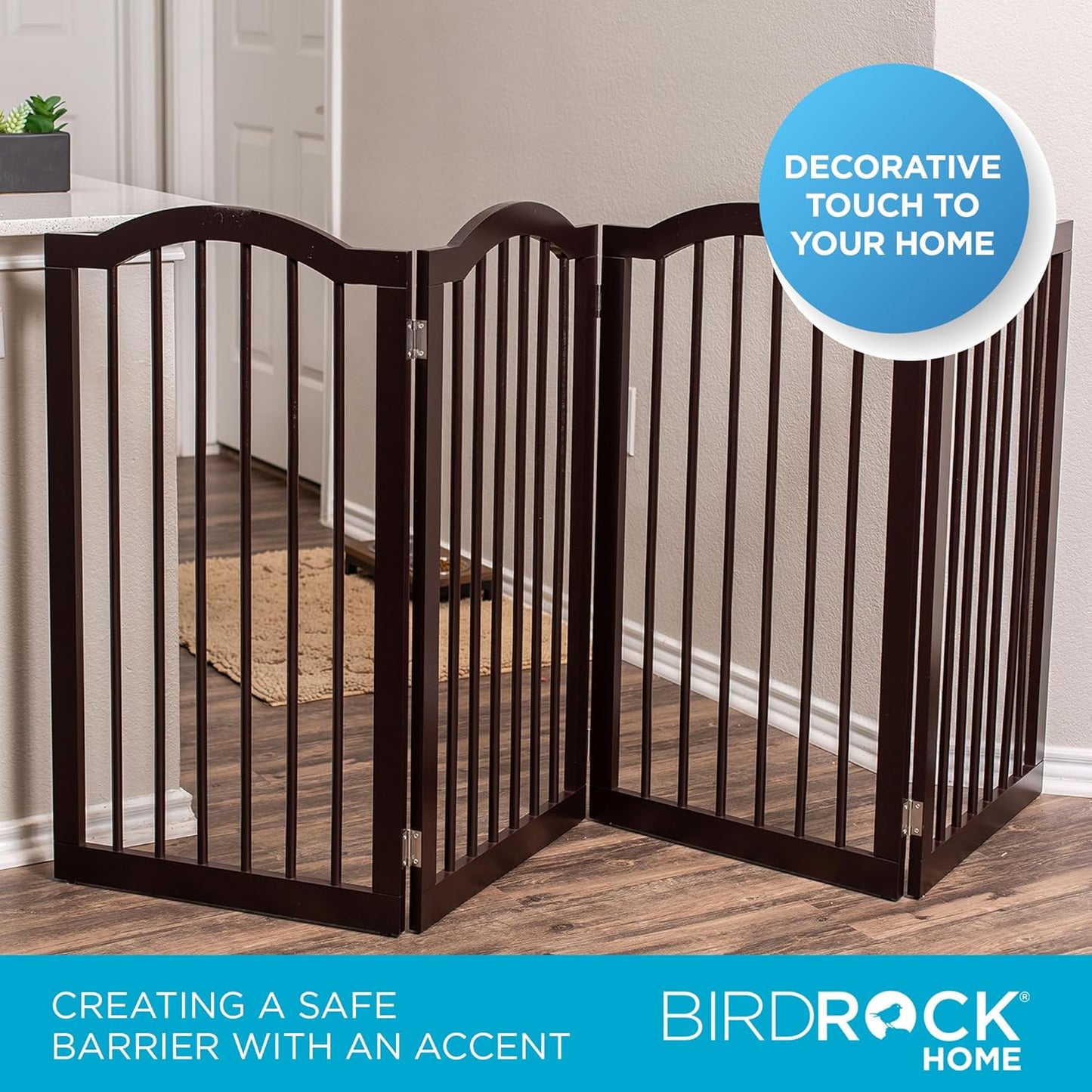 INTERNET'S BEST Arched Top Dog Gate | 4 Panel, 24" H Wooden Pet Barrier for Dogs or Cats | Freestanding Folding Room Divider for Doorways, Hallways, Stairs, and Porch | Portable, Extra Wide | Espresso