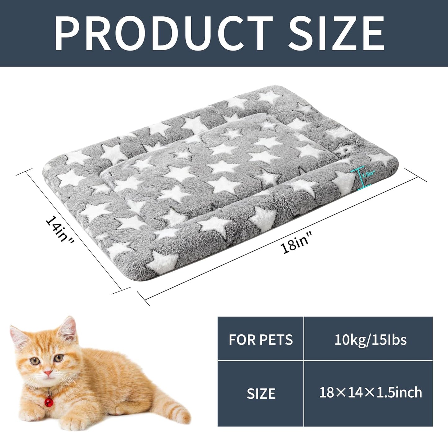 Dog Bed Mat, Reversible Crate Pad & Cute Dog Bed - Machine Washable Kennel Mat with Ultra Soft for Small Dogs (Cool/Warm), 24" x 18", Grey&Star
