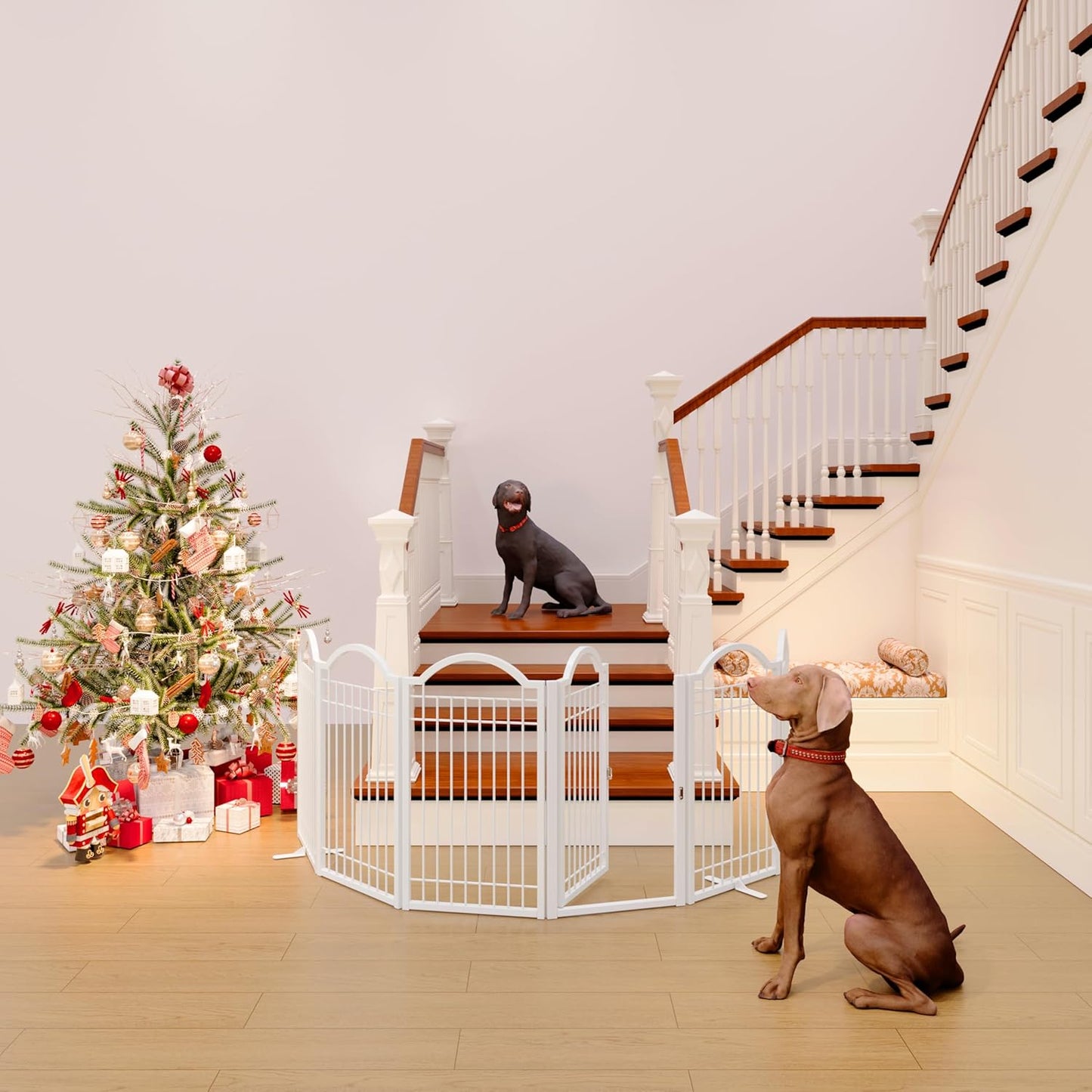 BHG Metal No-Assembly Freestanding Dog Gate with Door Walk Through, Extra Wide 144", Extra Tall 32" Pet Gate, Accordion Puppy Folding Playpen Dog Fence, with 2PCS Support (Black, 6 panesl)