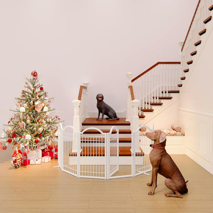 BHG Metal No-Assembly Freestanding Dog Gate with Door Walk Through, Extra Wide 144", Extra Tall 32" Pet Gate, Accordion Puppy Folding Playpen Dog Fence, with 2PCS Support (Black, 6 panesl)
