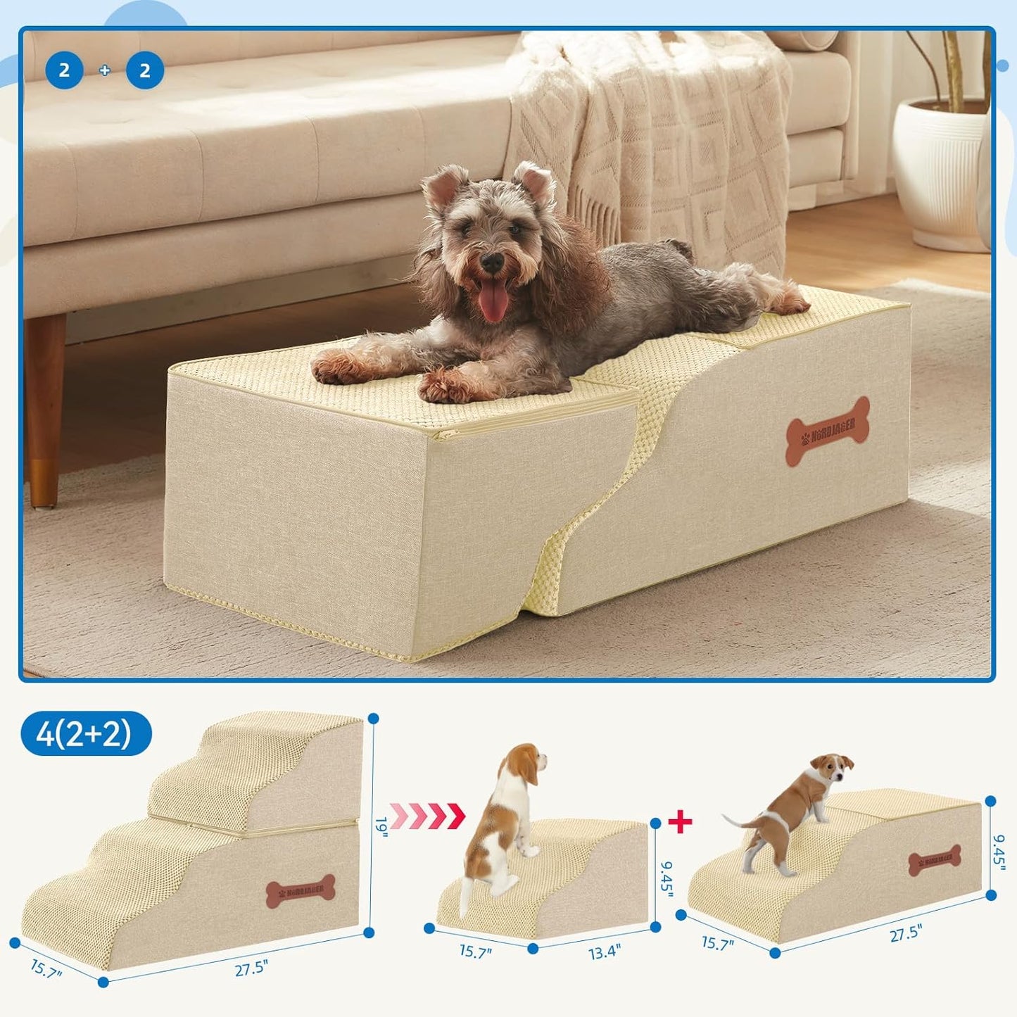 Dog Stairs for Small Dogs and Cats, 2 Steps Pet Stairs to Get on Couch Sofa and Chair, Indoor Non-Slip Balanced Portable Pet Step, High-Density Foam Ramp with Removable Washable Cover, Grey（11.8" H）