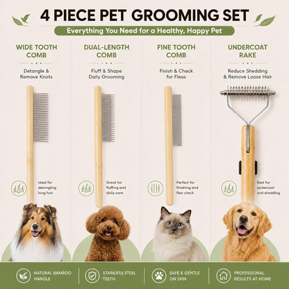 Bamboo Pet Grooming Kit for Medium to Long Haired Cats & Dogs, 4-in-1 Dematting Comb Set with Undercoat Rake, Detangling & Deshedding Tools, Fine/Wide Tooth Combs for Indoor Pets