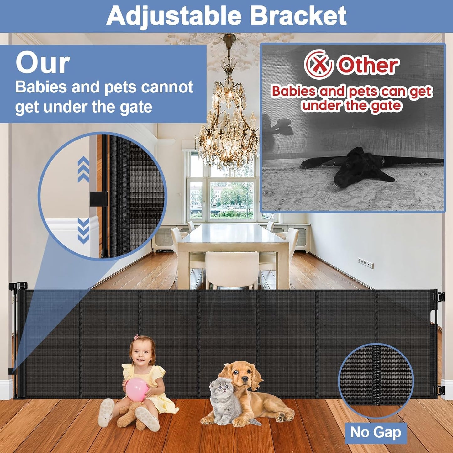 Reinforced 90 Inch Retractable Baby Gates Extra Wide Baby Gate with Reinforced Strips, 7.5ft Long Retractable Dog Gate for The House 33 Inch Tall Extra Long Pet Gates for Wide Openings, Black