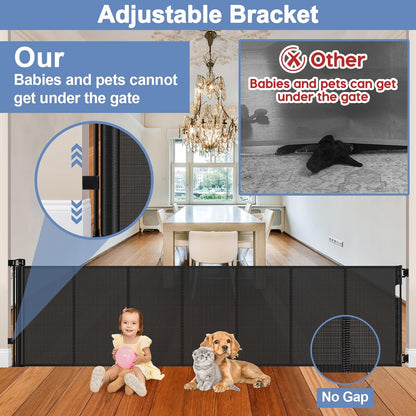 Reinforced 90 Inch Retractable Baby Gates Extra Wide Baby Gate with Reinforced Strips, 7.5ft Long Retractable Dog Gate for The House 33 Inch Tall Extra Long Pet Gates for Wide Openings, Black