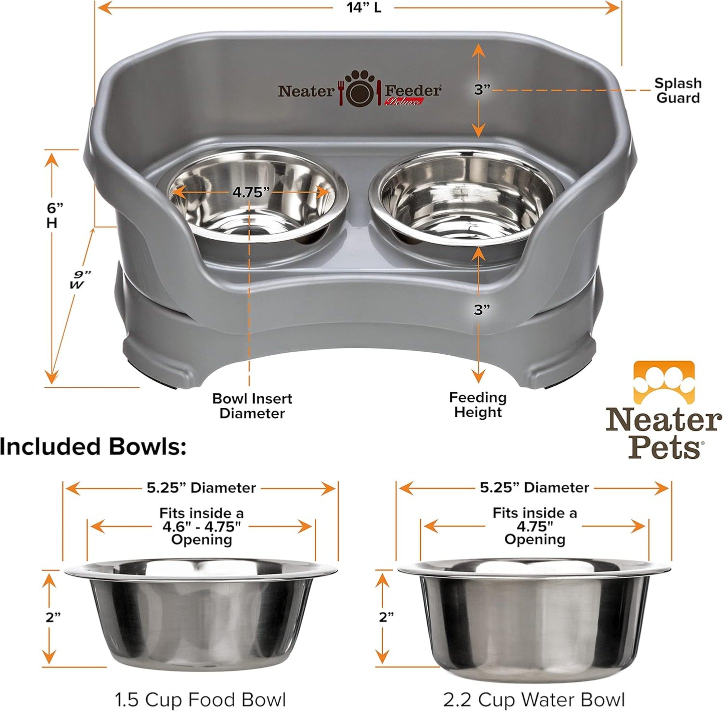 Neater Pet Brands Neater Feeder Deluxe Mess Proof Dog Bowls Elevated for Large Dogs Over 40 lbs, Made in USA, No Spill Raised Dog Food Bowl Stand Feeding Station, Food and Water Bowl Set, Black