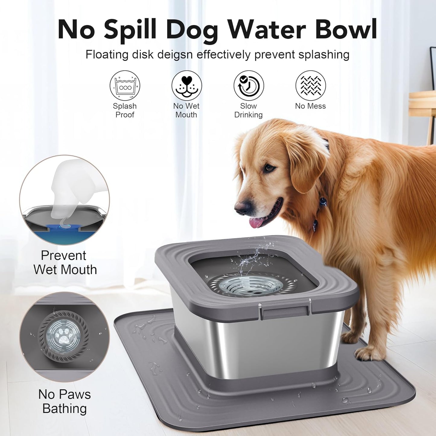 Decflow 10L Stainless Steel Dog Water Bowl, No Spill Anti-Splash Dog Bowls with XXL Silicone Mat, Spill-Proof Slow Feeder for Messy Drinkers, Heavy Duty Pet Bowls for Indoor/Outdoor Use Grey
