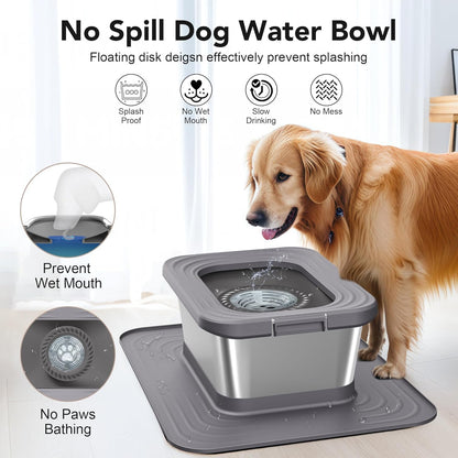 Decflow 10L Stainless Steel Dog Water Bowl, No Spill Anti-Splash Dog Bowls with XXL Silicone Mat, Spill-Proof Slow Feeder for Messy Drinkers, Heavy Duty Pet Bowls for Indoor/Outdoor Use Grey