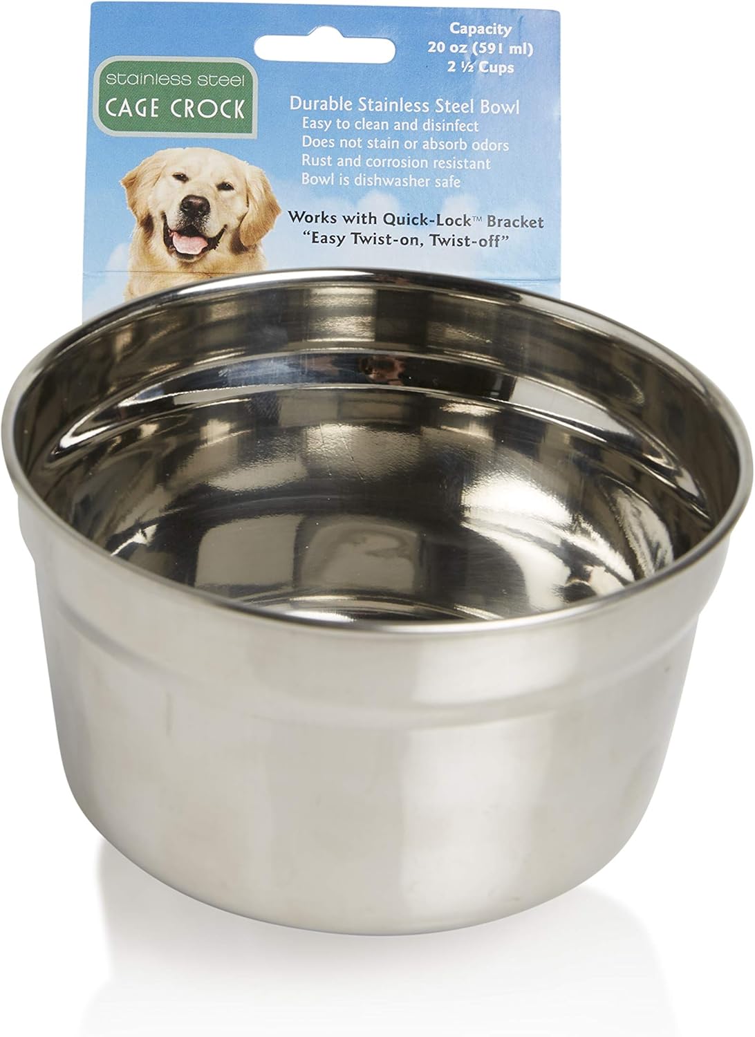 Lixit® Stainless Steel Kennel Food or Water Bowl - Non Spill Hanging Removable Crate Bowls - Carrier Cage Dish for Dogs or Cats for Feeding and Drinking (Stainless Steel, 10 Ounce)
