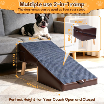 Dog Ramp for Small Dogs, 13.5" H-16 Wide Foldable Dog Stairs Ottoman for Bed and Couch,2 in 1 Pet Ramp & Steps,Split Ottoman Design,Non-Slip Wooden Pet Stairs for Puppy Senior Injured Dogs & Cats