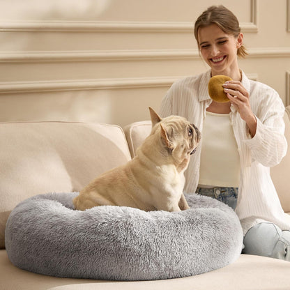 Bedsure Calming Dog Bed Medium Size Dog - Donut Washable Medium Pet Bed, 30 inches Anti-Slip Round Fluffy Plush Faux Fur Cat Bed, Fits up to 45 lbs Pets, Camel