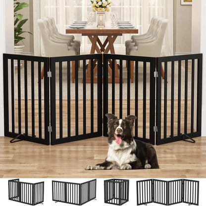 Homykic Bamboo Freestanding Dog Gate, No Assembly Pet Gate Indoor, 24”H x 75”W Extra Wide Foldable Puppy Fence with Support Feet for the House, Doorways Stairs, 4 Panels, No Drilling, Espresso