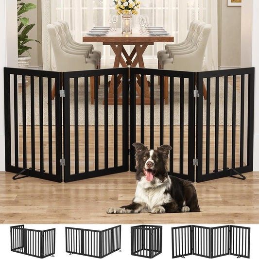 Homykic Bamboo Freestanding Dog Gate, No Assembly Pet Gate Indoor, 24”H x 75”W Extra Wide Foldable Puppy Fence with Support Feet for the House, Doorways Stairs, 4 Panels, No Drilling, Espresso