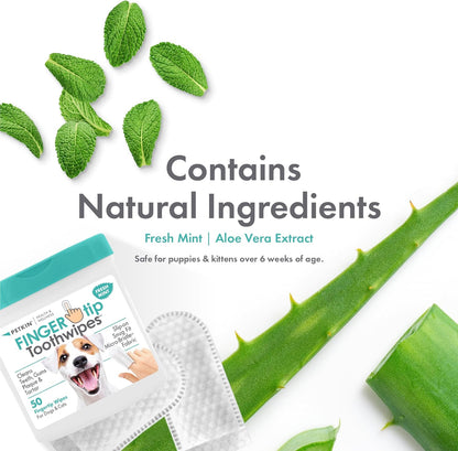 Petkin Fingertip Tooth Wipes for Dogs and Cats, 50 Finger Wipes - Slip-On, Snug Fit, Micro-Bristle Fabric - Cleans Teeth, Gums, Plaque & Tartar - Convenient, Ideal for Home and Travel - Peanut Butter