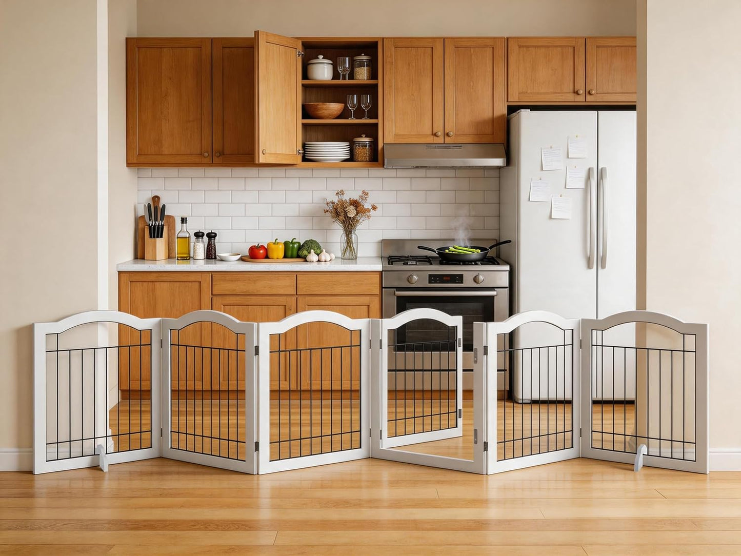 Vantas Espresso Wooden Folding Dog Gate 144" Wide x 30" Tall with Door, Freestanding Pet Gate, Pet Puppy Safety Fence