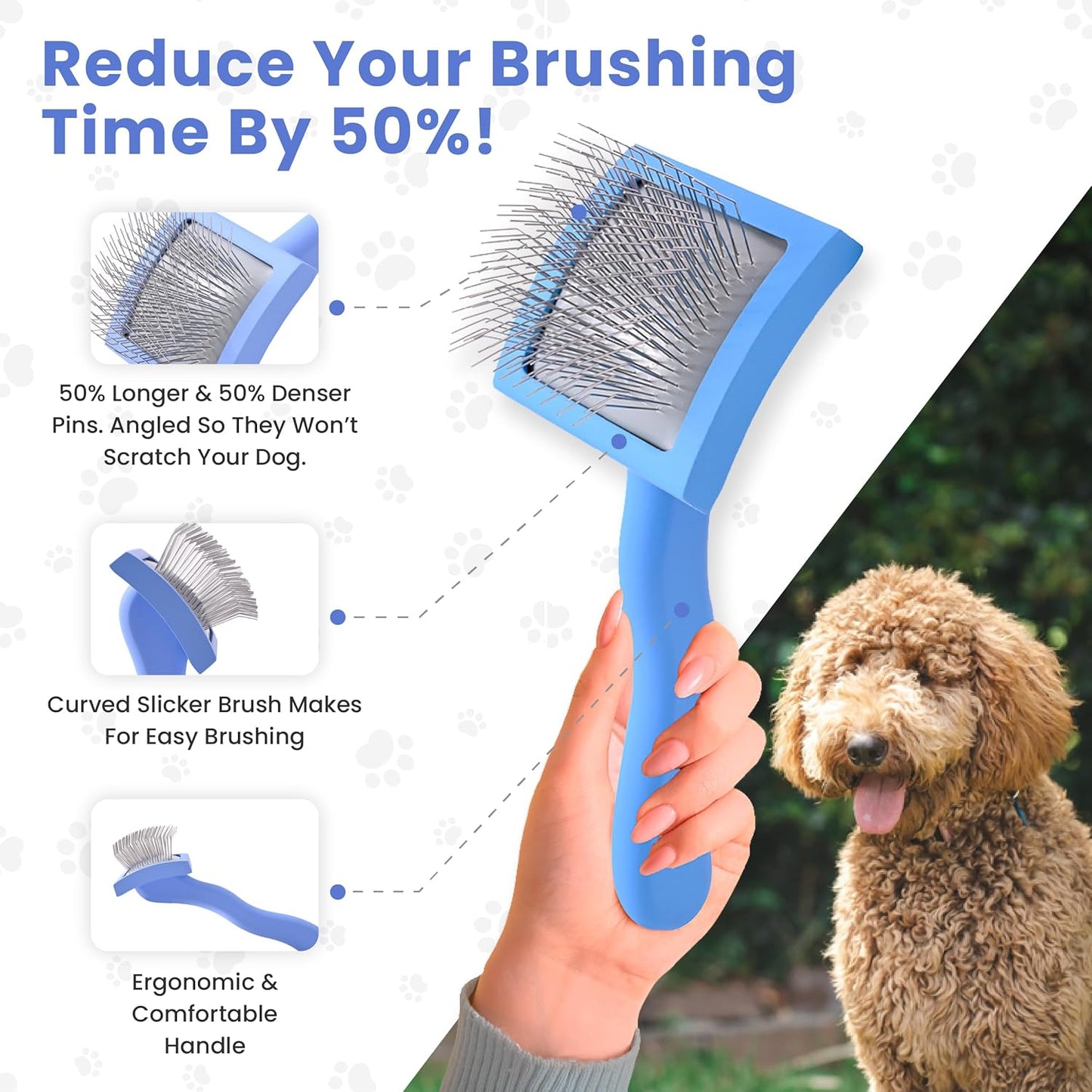 Slicker Brush for Dogs, Dog Grooming Supplies - Best Doodle & Poodle Brush for Haired Dogs - Goldendoodle Pin Detangler for Dematting (Medium Curved)
