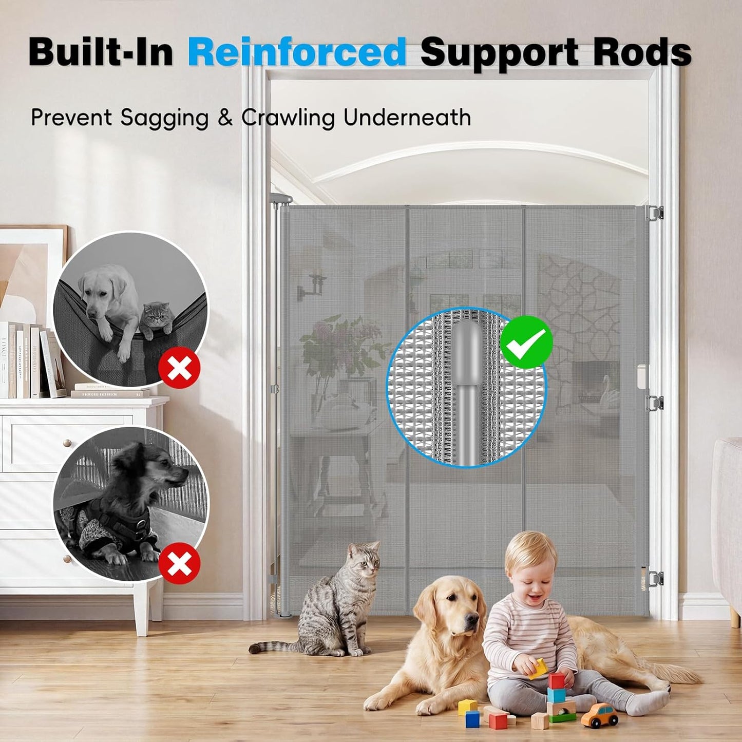 Reinforced 65" Extra Tall Pet Gate for Doorway, Jump-Resistant & Prevent Crawling Underneath Retractable Baby Gates Extra Tall, 0-55" W Retractable Dog Gate for Pet, Dogs, Cats, Puppies, Babies, Black